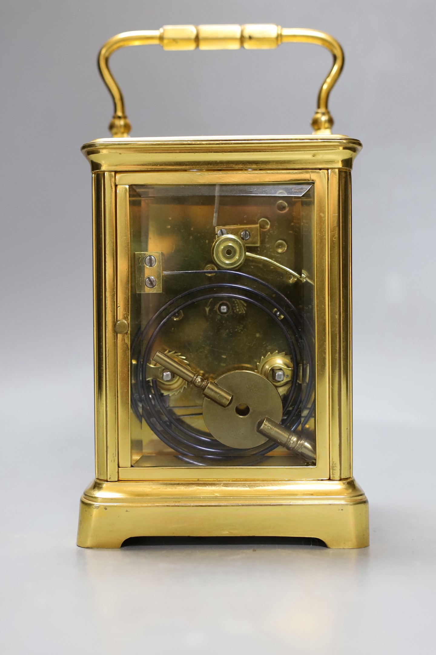 A French brass repeating carriage clock. 18cm tall